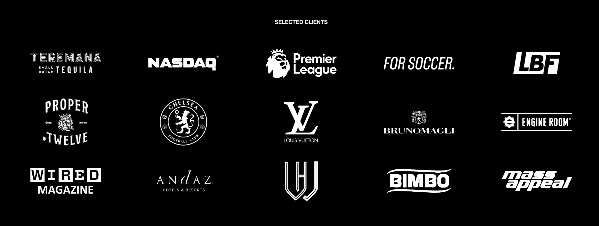 Selected BTS Studios clients including Teremana, Nasdaq, Premier League, Louis Vuitton, Wired, and Chelsea FC